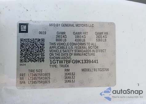 2019 GMC Savana 2500 Work Van из США, поврежденный, VIN 1GTW7BFG9K1339441